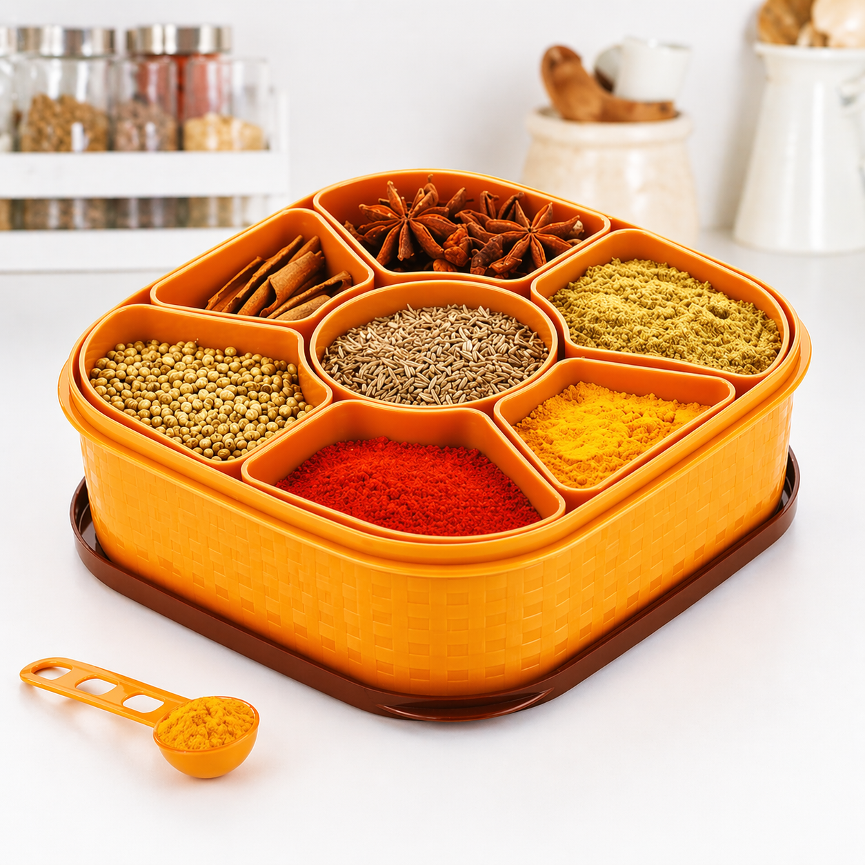 Masala Storage Box – 7 Compartment Spice Organizer with Lid