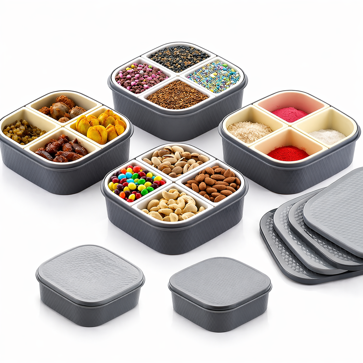 Multipurpose Dry Fruit Storage Box – 4 Compartment Organizer with Lid