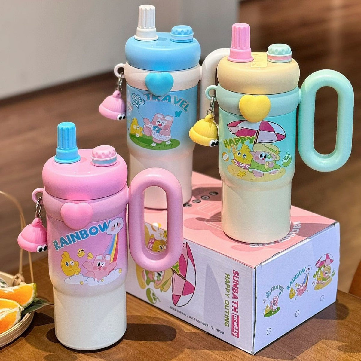 Rainbow Cartoon Water Bottle with Straw | Cute Kids Travel Sipper Bottle