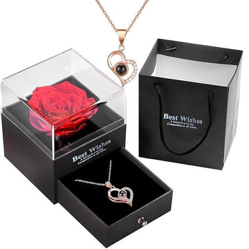 Rose Gift Box with Heart Necklace | Romantic Gift for Her | Birthday & Anniversary Gift