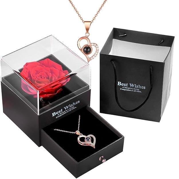 Rose Gift Box with Heart Necklace | Romantic Gift for Her | Birthday & Anniversary Gift