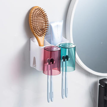 Wall Mounted Toothbrush Holder with Cups – Bathroom Organizer